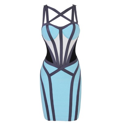Criss-Cross Bandage Hollow Out Backless Zipper Imitated Silk Color Matching Bandage Dress For Women